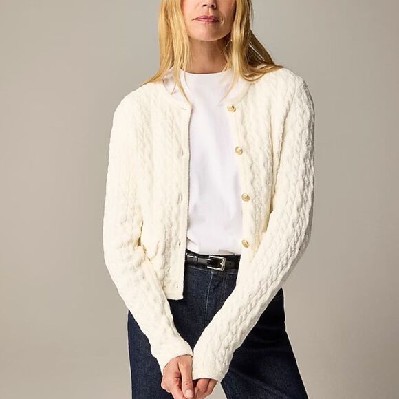 J Crew Odette cable-knit sweater lady jacket in cotton-blend bouclé Small Ivory - Picture 1 of 11